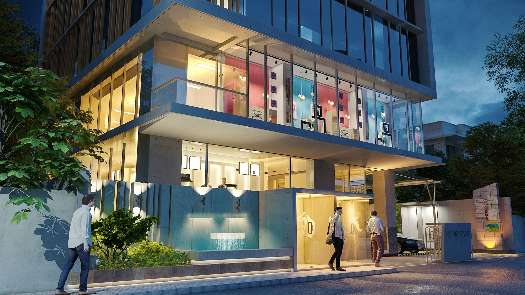 Commercial building entrance at dusk constructed in Raleigh NC